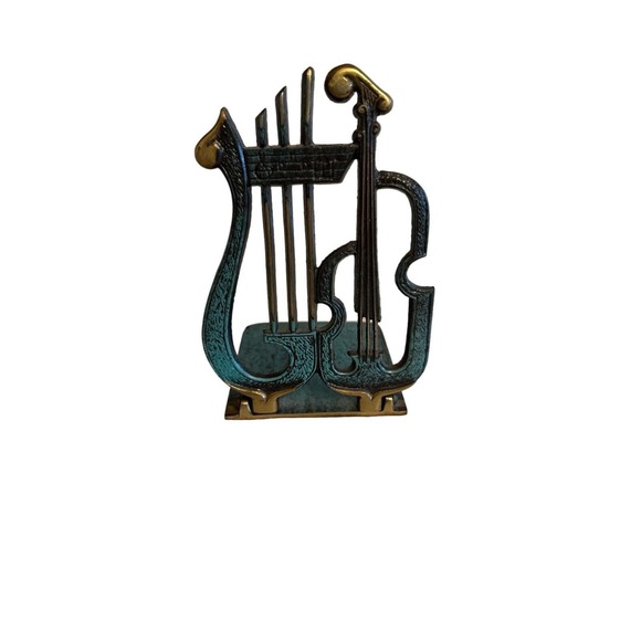 The Unbranded Brand Other - Vintage‎ Brass Musical Bookend Green Verdigris Lyre Violin Made in Israel No 474